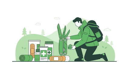 Preparing For Outdoor Adventures Essential Survival Kit Man With Backpack