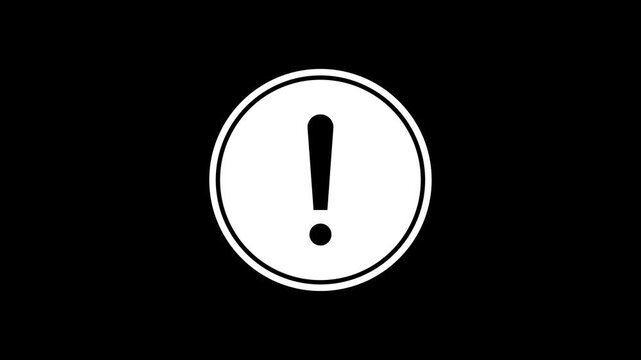 Professional white exclamation mark warning sign animation on black background for safety alerts security notifications and cinematic legal disclaimer video intro sequences.
