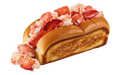 Lobster roll sandwich with toasted bun and fresh lobster meat on black background seafood