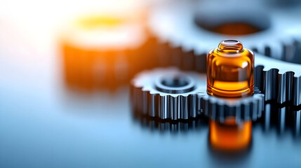 Golden oil droplet on interlocking metal gears in industrial setting