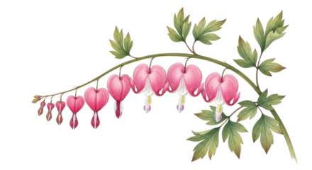 Pink bleeding heart flowers and green leaves on a black background white