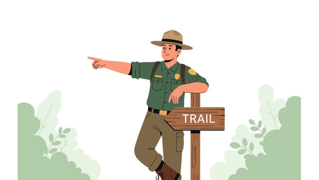 Ranger Directing Hikers Along The Right Trail In The Forest Nature