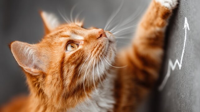 Cat curiously gazing upward at an indeterminate object while engaged in business growth conceptualization