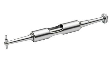 Silver metal dental instrument with a curved tip and knurled handle on png isolated transparent background black background