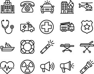 Black and white emergency and medical icons set, vector illustration for healthcare, rescue, safety, and first response. © SABINA