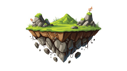 Fantasy floating island featuring lush green grass, rugged rocks, and small budding plants, suspended in a mystical, whimsical setting.