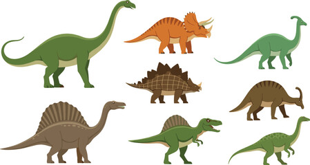 Dinosaur character collection featuring flat vector designs of various prehistoric species including brachiosaurus triceratops stegosaurus and spinosaurus for educational nature and design. © Aminul