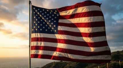 The American flag proudly waving, a symbol of freedom and national pride, rendered with rich, deep colors and a flowing fabric texture. with stripes