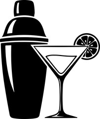 Cocktail Shaker and Martini Glass with Lime silhouette vector illustration