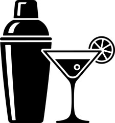 Cocktail Shaker and Martini Glass with Lime silhouette vector illustration