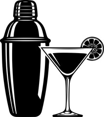 Cocktail Shaker and Martini Glass with Lime silhouette vector illustration