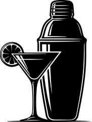 Cocktail Shaker and Martini Glass with Lime silhouette vector illustration