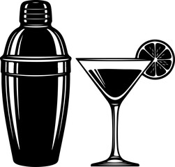 Cocktail Shaker and Martini Glass with Lime silhouette vector illustration