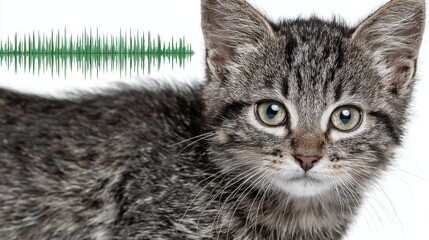 Curious cat observing sound waves with a playful expression in a creative and cultural environment