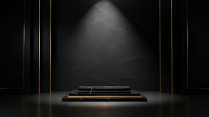 A spotlight shines on a sleek black and gold platform in a dark room
