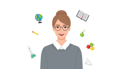 Enthusiastic female teacher with glasses smiling brightly, surrounded by a vibrant array of floating educational icons representing various subjects.