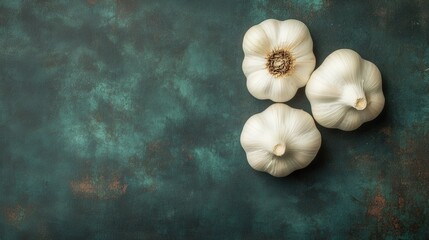 Three whole garlic bulbs on a textured dark green surface, arranged in the upper right corner with ample negative space.