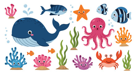 Obraz premium Cute collection of cartoon sea animals and underwater plants, including a whale, octopus, crab, and colorful coral and seaweed.