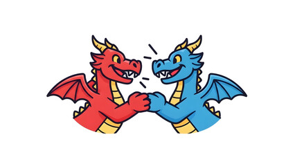 Friendly red and blue cartoon dragons shaking hands in a joyful display of teamwork isolated on white background, Vector