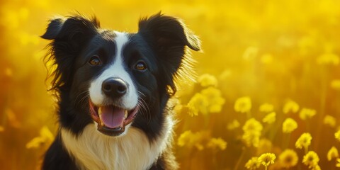 Smiling black and white Border Collie in a field of yellow flowers