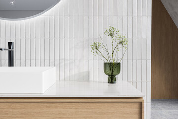 Minimalistic bathroom featuring a marble basin with black faucet and mirror, flower . This mockup-ready countertop can serve as a display stand for bathroom products 3d Rendering