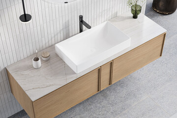 A bathroom sink with a vase of flowers on top of it. 3d Rendering