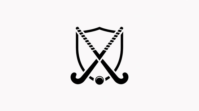 A black and white logo design featuring two crossed field hockey sticks forming an X pattern against a shield-shaped background