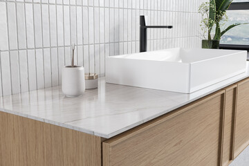 Minimalistic bathroom featuring a marble basin with black faucet and mirror, flower . This mockup-ready countertop can serve as a display stand for bathroom products 3d Rendering