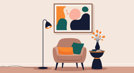 Fototapeta premium Peaceful living room scene featuring a modern armchair with cushions, a floor lamp, and a minimalist framed painting.