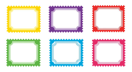 Set of six colorful postage stamp frames with decorative borders in yellow, purple, red, green, blue, and pink.
