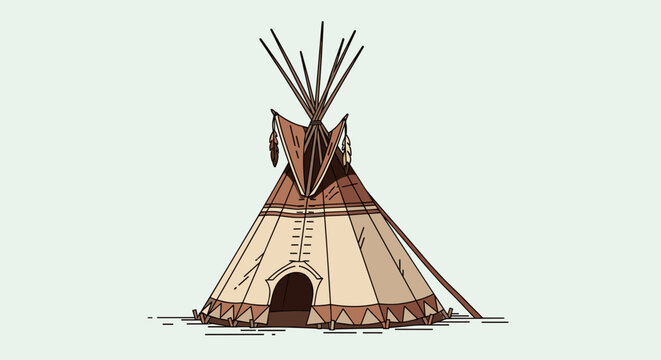 Traditional Native American teepee dwelling with wooden poles and decorative feathers on a clean light background.