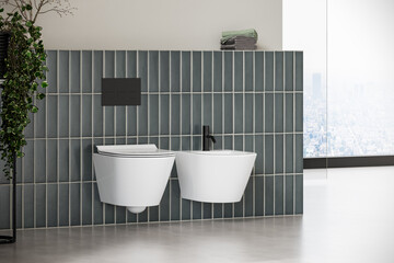 bathroom with toilet and bidet, beautiful concrete floor in minimalist bathroom. 3d Rendering