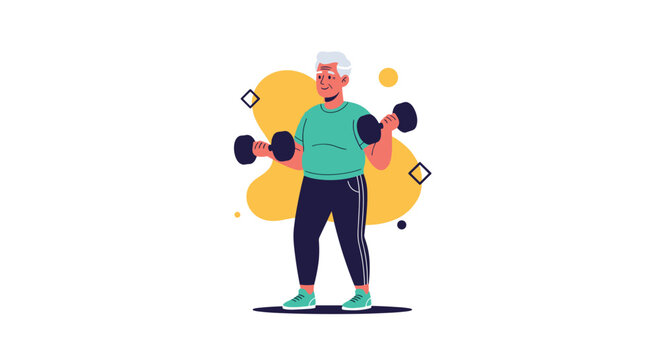 Active senior man with gray hair exercising with two dumbbells, promoting a healthy and strong lifestyle for the elderly.