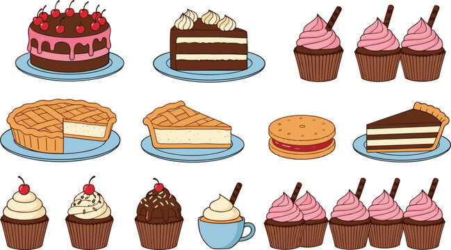 Dessert collection featuring chocolate cherry cake cupcakes with pink frosting fruit pie slices and sweet treats for bakery menu and vector design.