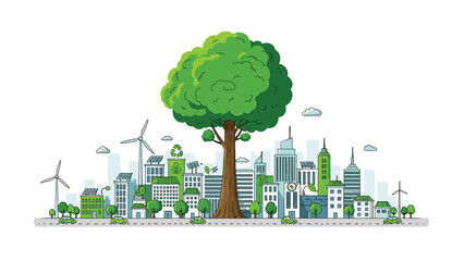 Vibrant green city skyline featuring a large central tree, prominent wind turbines, and solar panels, symbolizing sustainable and eco-friendly urban living.