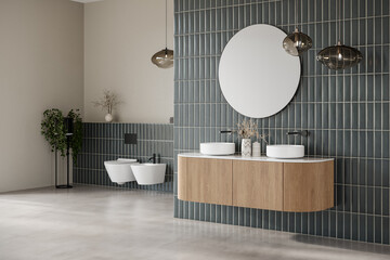 Modern bathroom interior with beige and green tiles wall, concrete floor, wooden vanity with black sink and oval mirror, toilet, shower. 3d Rendering