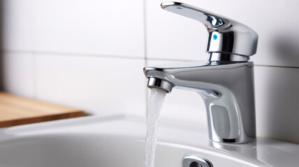 A close-up photograph of a modern chrome bathroom faucet with running water. The faucet has a sleek, minimalist design with a single lever handle and a curved spout.