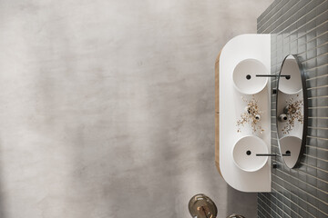 Minimalist bathroom concrete floor scene with and clean vanity top view, ideal for mockup display and interior design, 3D render.