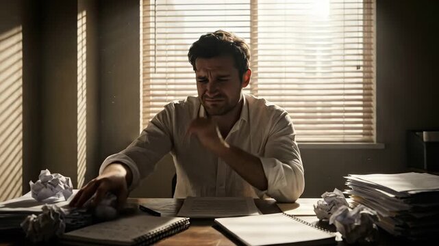 Stressed man suffering from writer's block at a messy desk. Frustrated businessman overwhelmed by work and deadline pressure. Burnout and anxiety concept with exhausted employee holding head in hands