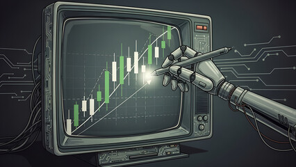 Robot Hand Drawing a Stock Market Graph on an Old Television Screen, Illustrating Financial Technology and Automation