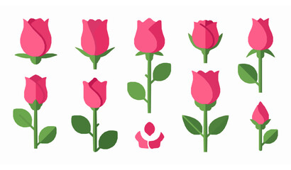 Modern pink rosebud decorative vector elements set in flat floral icon style isolated on white