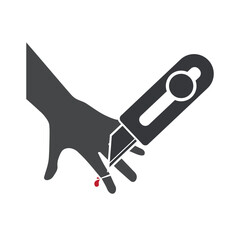 Isolated pictogram of finger injured by paper cutter, bleeding accident symbol, emphasizing safety awareness in office and school environments.