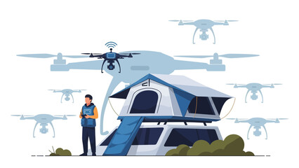 Person Flying Drones Near Vehicle Rooftop Tent For Travel And Recreation