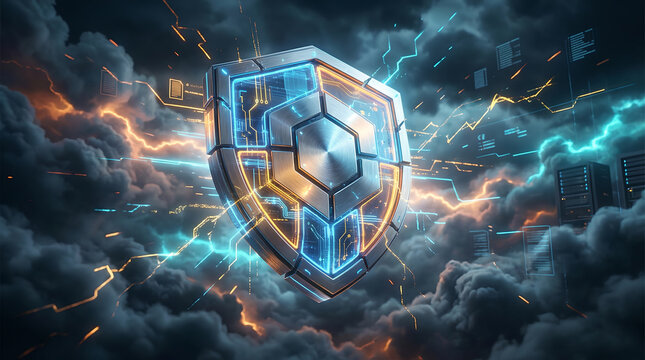 Cybersecurity data protection digital shield cyber defense network security cloud security encryption firewall server technology - Powered by Adobe