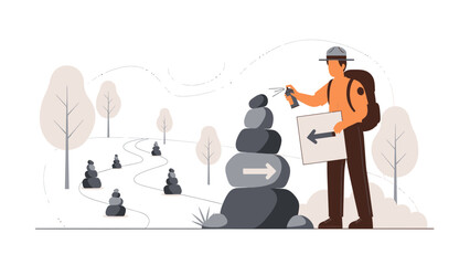 Park Ranger Maintains Trail Markers In Serene Outdoor Landscape Illustration