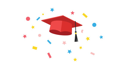 Vibrant red graduation cap gracefully floating amidst a lively explosion of colorful confetti and sparkling stars, celebrating academic achievement.