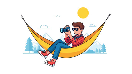 Photographer Relaxing In Hammock Capturing Nature's Beauty And Scenic Vistas