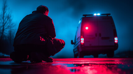Man kneels on wet pavement near emergency van with flashing lights in dark setting