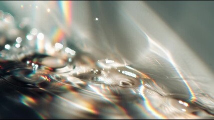 Abstract sunlight close up water ripple reflection poetic light bokeh soft focus create dreamy scene with sunlight reflecting water ripples, evoking tranquil ethereal mood and rainbow light patterns