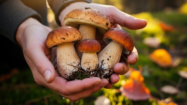 Person's hands holding fresh porcini mushrooms in an autumn forest. Foraging for wild edible boletus in the woods. Natural food and autumn harvest concept